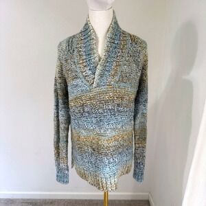 Prana Wool Blend Shawl Collar Knit Sweater Blue Small Cozy Gorpcore Grandpa